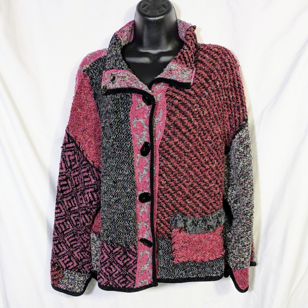 Curio Delicate Patchwork‎ Cardigan Sweater, Cozy, Colorful, Boho, Pink & Gray XL